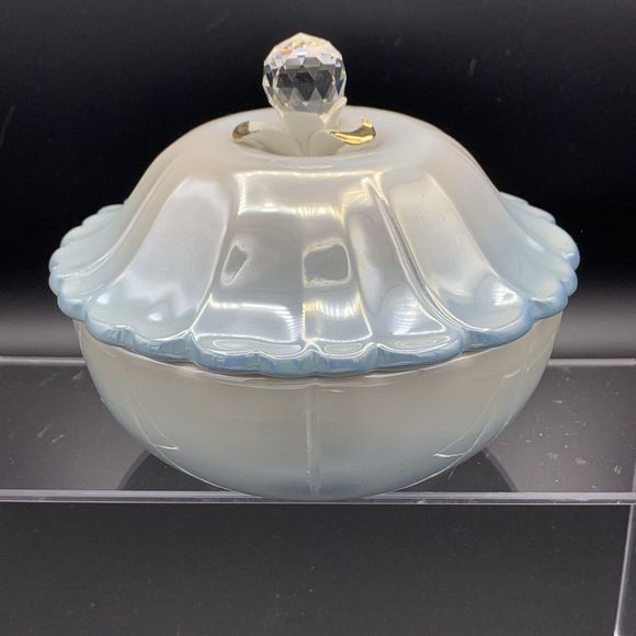 Vtg Italian Vanity Lidded Dish Blue White Pearlescent Retro Correct Glam Boudoir - Picture 6 of 14